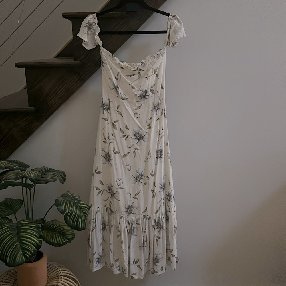 White & Blue Floral Off the Shoulder Midi Dress